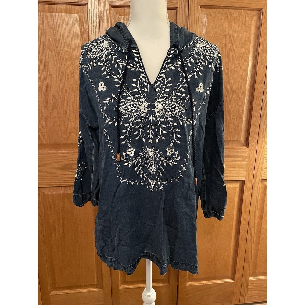 Soft Surroundings Regio Tunic Top Women Hoodie Embroidered Boho Blue size Small